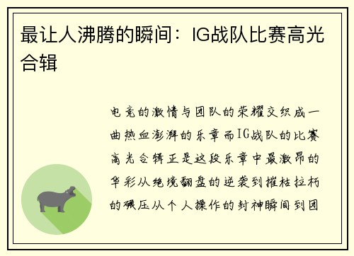 最让人沸腾的瞬间：IG战队比赛高光合辑